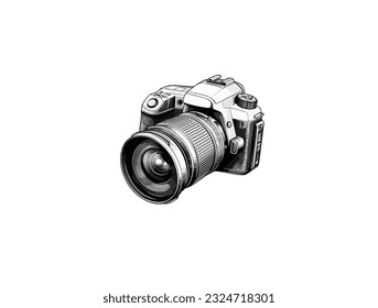Ilustración vectorial en blanco y negro de una cámara del sistema en un fondo blanco