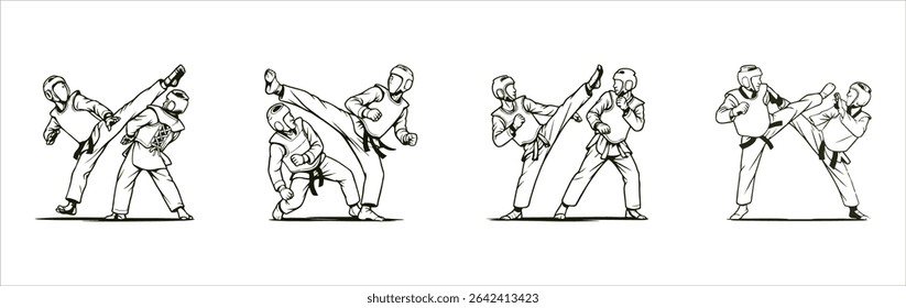 Black and white vector illustration of taekwondo athletes in action. Two intense fighting scenes showing powerful high kicks during martial arts competition. Perfect for combat sports themes.