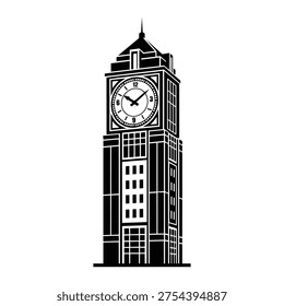 Black and white vector illustration of a tall clock tower, elegant architectural structure with detailed clock face, landmark building