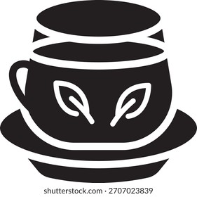 Ilustração vetorial em preto e branco de uma xícara de chá com motivos estilizados de folhas no interior, simbolizando chá natural ou orgânico