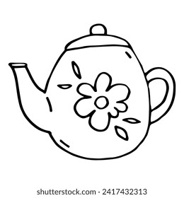 Black and white vector illustration of teapot in doodle style