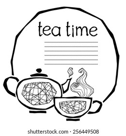 black and white vector illustration of a teapot and a cup of hot tea, can be used as a template for menu page