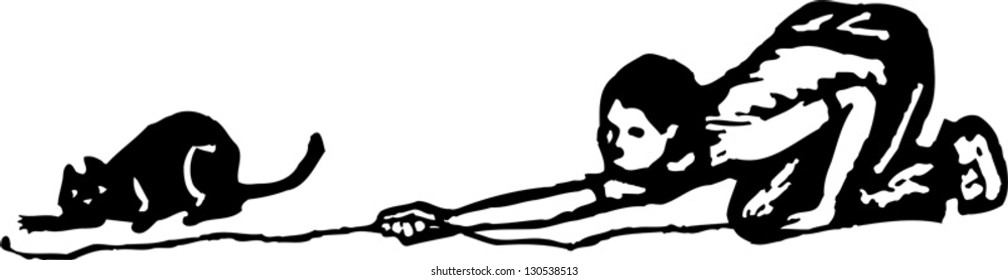 Black and white vector illustration of teen boy playing with a cat