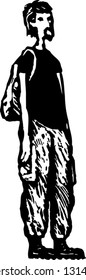 Black and white vector illustration of teen boy or young man with backpack