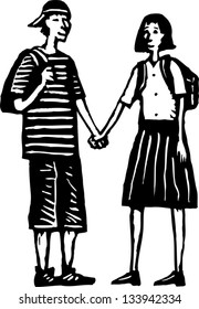 Black and white vector illustration of teen couple holding hands