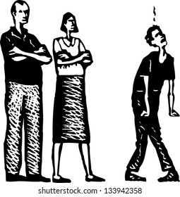 Black and white vector illustration of teen arguing with parents