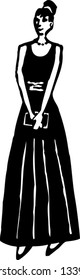 Black and white vector illustration of teen girl in prom dress