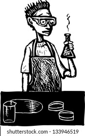 Black and white vector illustration of teen boy in high school science lab