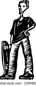 Black and white vector illustration of teen boy with skateboard