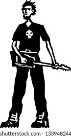 Black and white vector illustration of teen boy playing heavy metal electric guitar