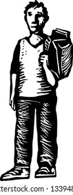 Black and white vector illustration of teen boy with backpack