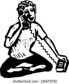 Black and white vector illustration of teenage boy talking on phone