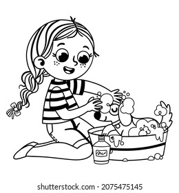 Black and white vector illustration of teenage girl bathing her dog.
