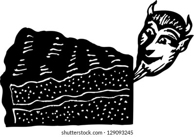 Black and white vector illustration of temptation with a cake
