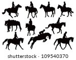 Black and white vector illustration with ten riders and their horses