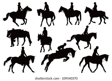 Black and white vector illustration with ten riders and their horses