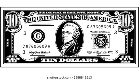 Black and white vector illustration of a ten-dollar bill featuring Alexander Hamilton. Ideal for financial themes, banking designs, money-related graphics, and economic concepts.