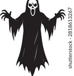 A black and white vector illustration of a terrifying hooded ghost with a screaming skull face, isolated on a plain white background for Halloween designs.