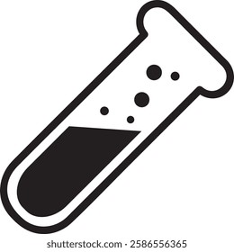 Black and white vector illustration of a test tube containing liquid substance is producing bubbles in a scientific experiment, isolated on a white background