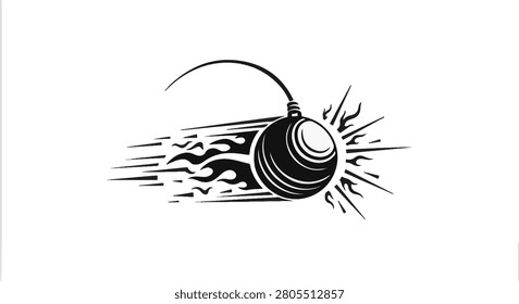 Black and white vector illustration of a tetherball in fast motion with dynamic speed trails and impact lines, featuring a curved rope and stylized graphic elements on a white background.