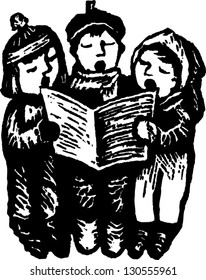 Black and white vector illustration of three children singing carols