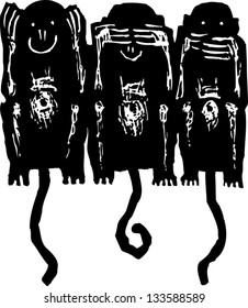 Black   white vector illustration three wise monkeys see no evil  hear no evil  speak no evil