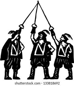 Black and white vector illustration of the three musketeers