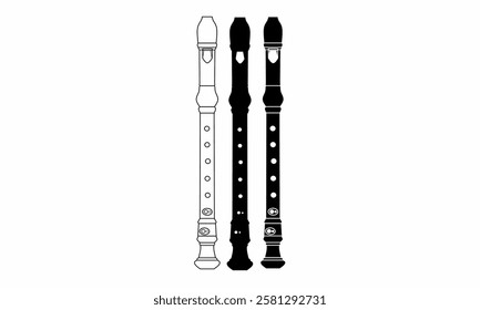 Black and white vector illustration of three recorder flutes. Ideal for music designs, icons, logos, posters, and educational materials related to musical instruments.