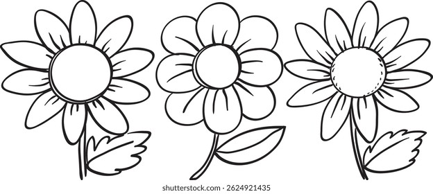 Black and white vector illustration of three stylized flowers with bold outlines and simple shapes
