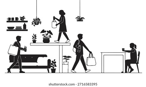 Una Ilustración vectorial en blanco y negro de tres personas caminando en una habitación con plantas, muebles y plantas colgantes, llevando bolsos y vistiendo ropa informal