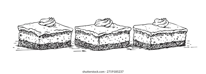 Ilustración vectorial en blanco y negro de tres rebanadas de pastel dulce con crema de cobertura