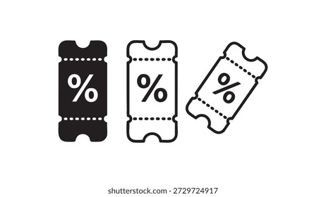 Black and white vector illustration of three discount coupon tickets with percent symbols. Includes solid, outlined, and tilted ticket designs with dotted perforation lines, suitable for sales, promotions, vouchers, and marketing concepts.