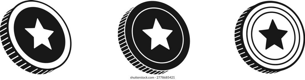 Black and white vector illustration of three circular coins, each featuring a prominent five-pointed star, displayed in isometric, front, and side views.