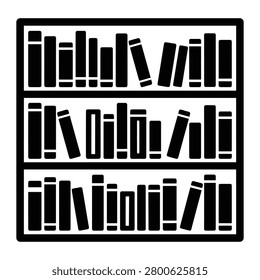 Black and white vector illustration of a three-shelf bookshelf filled with books of varying sizes