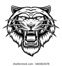 Eine schwarz-weiße Vektorgrafik eines Tigerkopfes einzeln auf weißem Hintergrund.