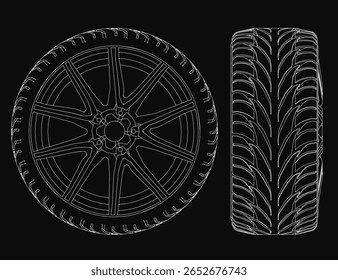 Ilustração vetorial em preto e branco de um pneu com padrões detalhados de piso. A roda é centralizada em um fundo escuro, enfatizando linhas limpas e precisão.