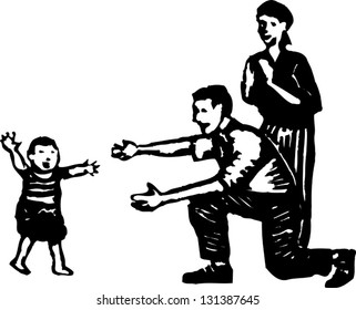 Black and white vector illustration of toddler taking first steps to his parents