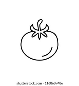 Black & white vector illustration of tomato vegetable. Line icon of fresh organic tomato veggie with leaves. Vegan & vegetarian food. Health eating ingredient. Isolated object on white background. 