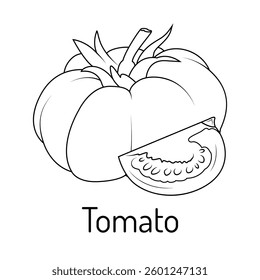 Black and white vector illustration of a tomato with a sliced piece. Simple line art design, perfect for coloring books, educational materials, kitchen decor, and healthy food-related projects.