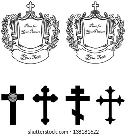 Black and white vector illustration of tombstone with four different vintage stone cross with heraldic elements. Easy to edit.