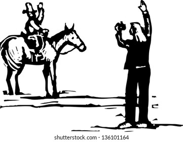 Black and white vector illustration of tourist at hippodrome