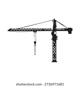 Black and white vector illustration of tower crane, detailed silhouette. Heavy lifting equipment for construction sites, industrial machinery at work. Graphic element for designs related to building and engineering, featuring a large, modern construction crane with a hook.
