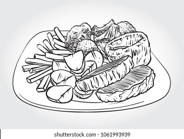 Black And White Vector Illustration Of A Traditional English Sunday Roast Dish.