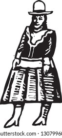 Black and white vector illustration of traditional Bolivian woman