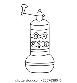 Black and white vector illustration of traditional Turkish spice or coffee grinder with ornate patterns, vintage and cultural design, detailed and elegant, kitchen utensil icon