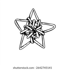 Black and white vector illustration of traditional woven willow star painted by black inks. Handcrafted wicker element for Scandinavian Christmas decor, eco friendly holiday, rustic wedding ornaments.