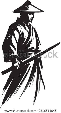 Black and white vector illustration of a traditional samurai warrior holding a katana sword, wearing a Japanese kimono and straw hat, drawn in minimal ink brush style. Perfect for martial arts, Asian 