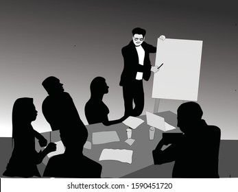 Black and white vector illustration of trainer with class