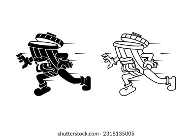 black and white vector illustration of a trash can running and sticking out its tongue. silhouette and line style