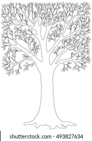 black and white vector illustration of a tree. Page coloring for adults